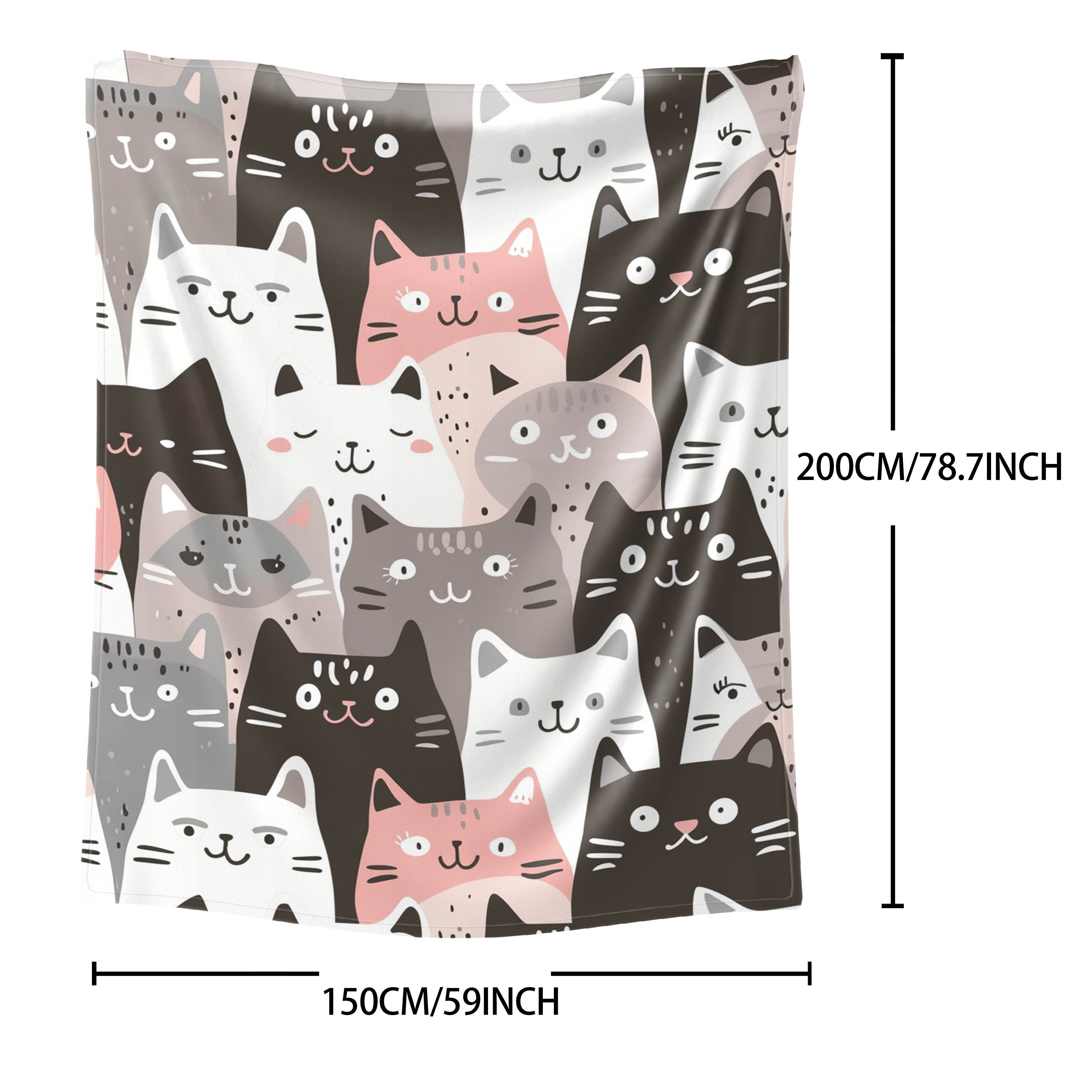 Korean-Inspired Cat Print Flannel Throw Blanket Soft Cozy Lightweight Polyester All Seasons
