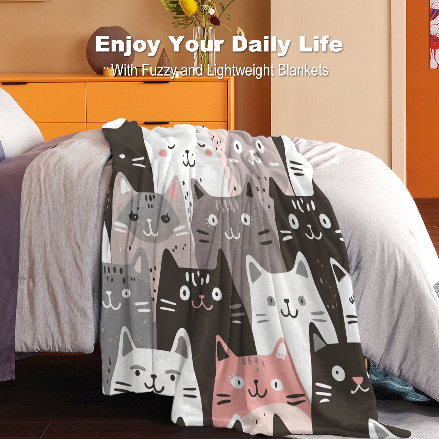 Korean-Inspired Cat Print Flannel Throw Blanket Soft Cozy Lightweight Polyester All Seasons