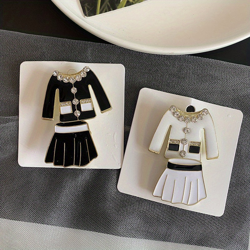 Vintage Black and White Enamel Rhinestone Skirt Set with Brooch and Jacket