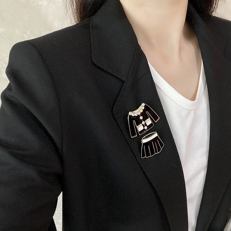 Vintage Black and White Enamel Rhinestone Skirt Set with Brooch and Jacket
