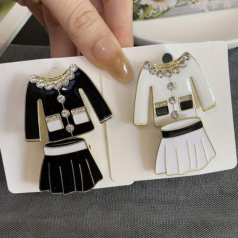 Vintage Black and White Enamel Rhinestone Skirt Set with Brooch and Jacket