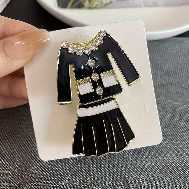 Vintage Black and White Enamel Rhinestone Skirt Set with Brooch and Jacket