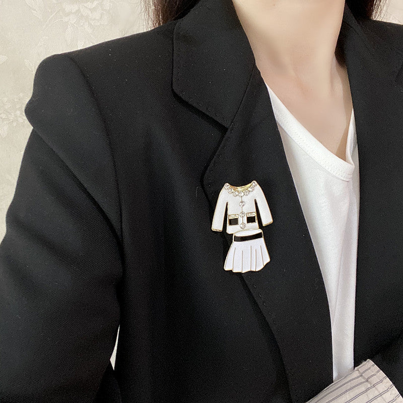 Vintage Black and White Enamel Rhinestone Skirt Set with Brooch and Jacket