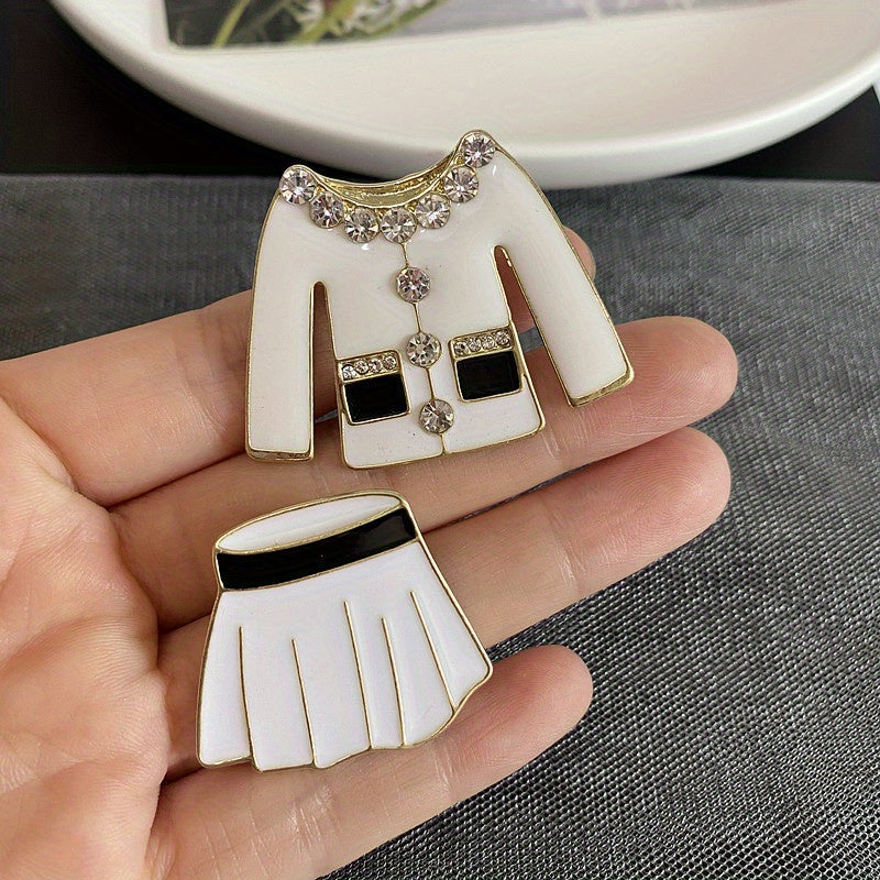 Vintage Black and White Enamel Rhinestone Skirt Set with Brooch and Jacket