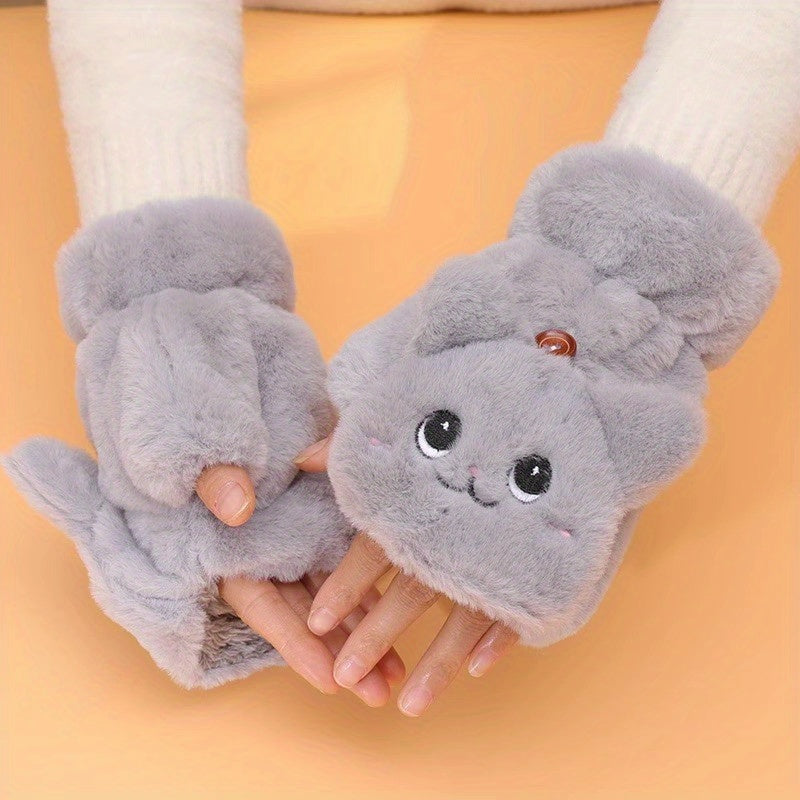 Set of 2 Cat Plush Fingerless Gloves Cozy Faux Rabbit Fur Warm Gift for Christmas Halloween Thanksgiving New Year
