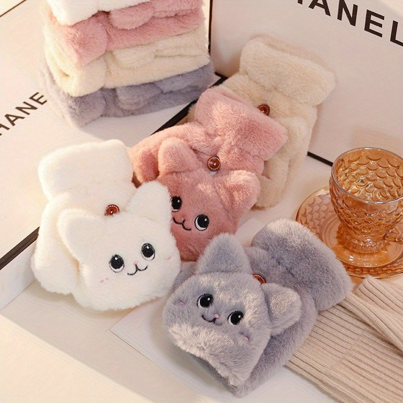 Set of 2 Cat Plush Fingerless Gloves Cozy Faux Rabbit Fur Warm Gift for Christmas Halloween Thanksgiving New Year