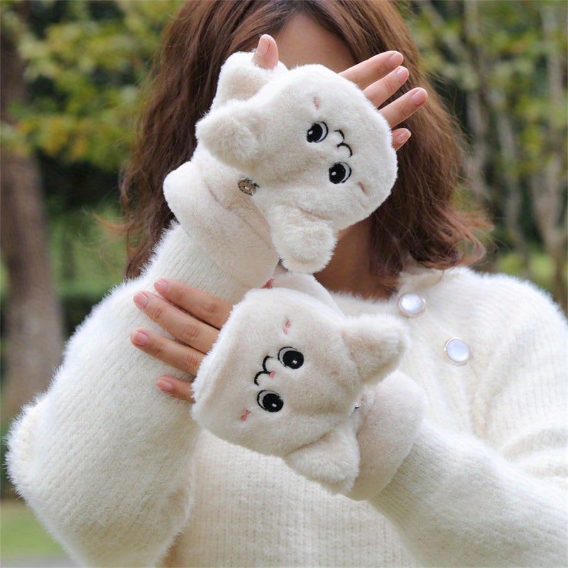Set of 2 Cat Plush Fingerless Gloves Cozy Faux Rabbit Fur Warm Gift for Christmas Halloween Thanksgiving New Year
