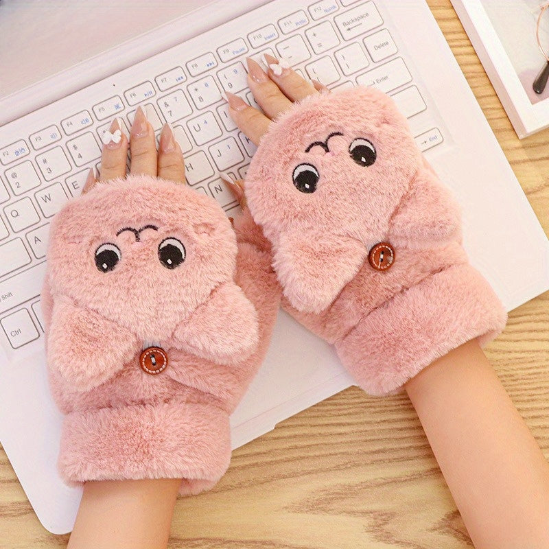 Set of 2 Cat Plush Fingerless Gloves Cozy Faux Rabbit Fur Warm Gift for Christmas Halloween Thanksgiving New Year