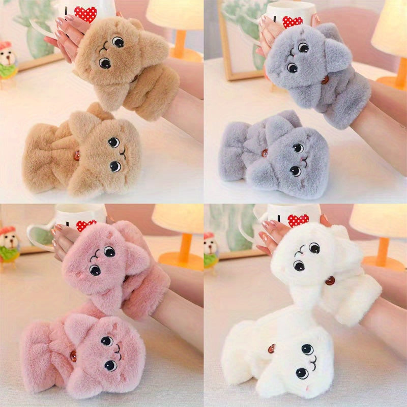 Set of 2 Cat Plush Fingerless Gloves Cozy Faux Rabbit Fur Warm Gift for Christmas Halloween Thanksgiving New Year