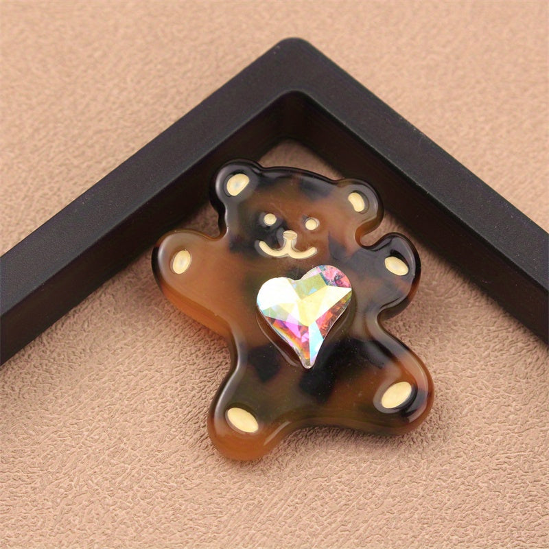 Acrylic Bear Brooch with Heart Gem, Animal Design, Stylish Clothing Accessory