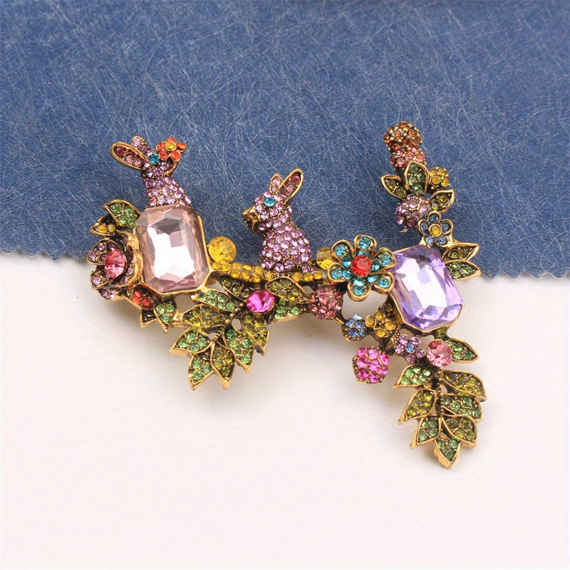 Rhinestone Flower Rabbit Brooch Crystal Pin for Women Fall Winter Gift Stylish Jewelry
