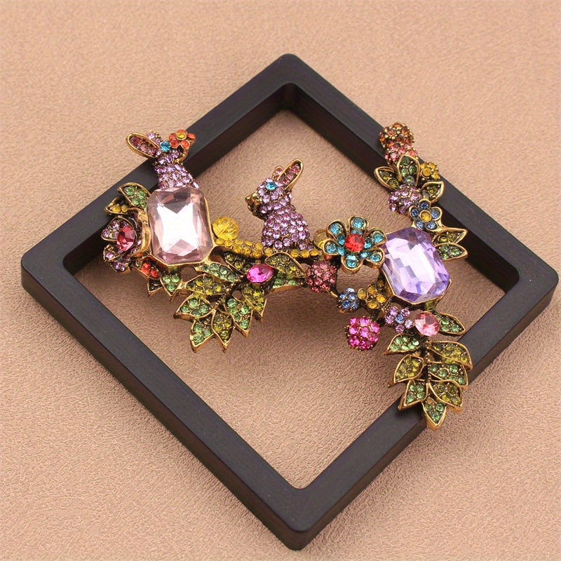 Rhinestone Flower Rabbit Brooch Crystal Pin for Women Fall Winter Gift Stylish Jewelry
