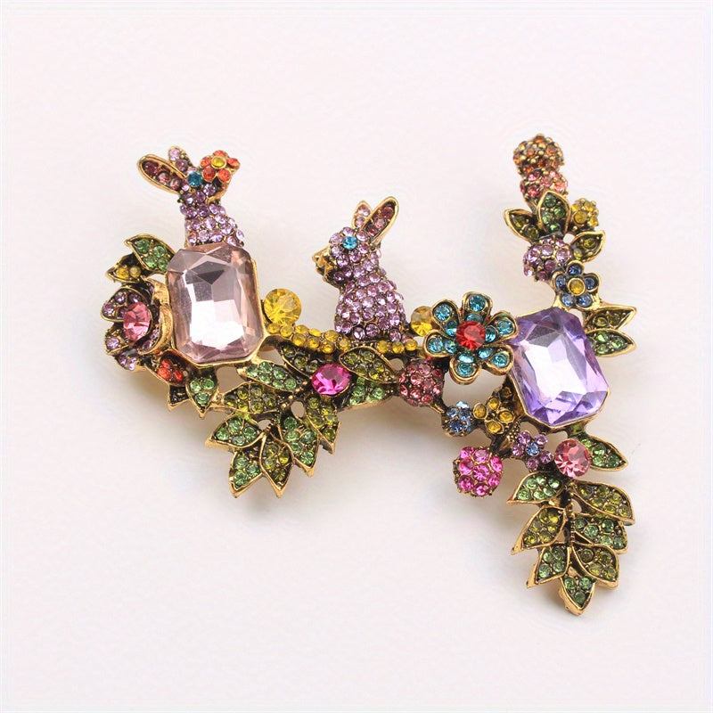 Rhinestone Flower Rabbit Brooch Crystal Pin for Women Fall Winter Gift Stylish Jewelry