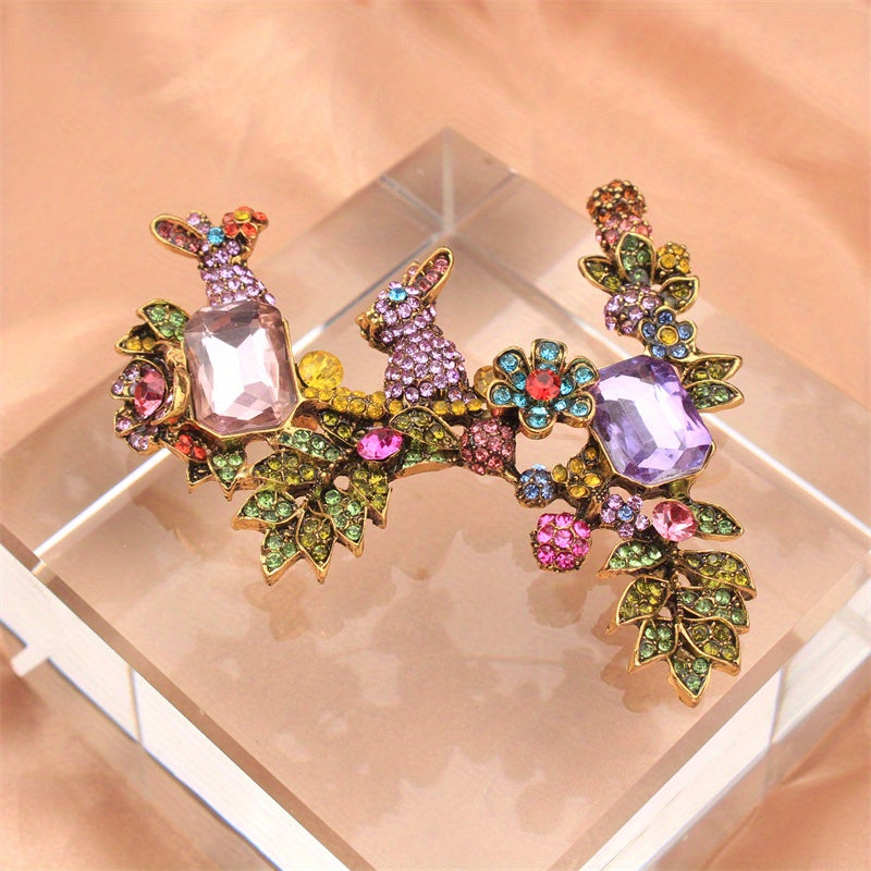 Rhinestone Flower Rabbit Brooch Crystal Pin for Women Fall Winter Gift Stylish Jewelry