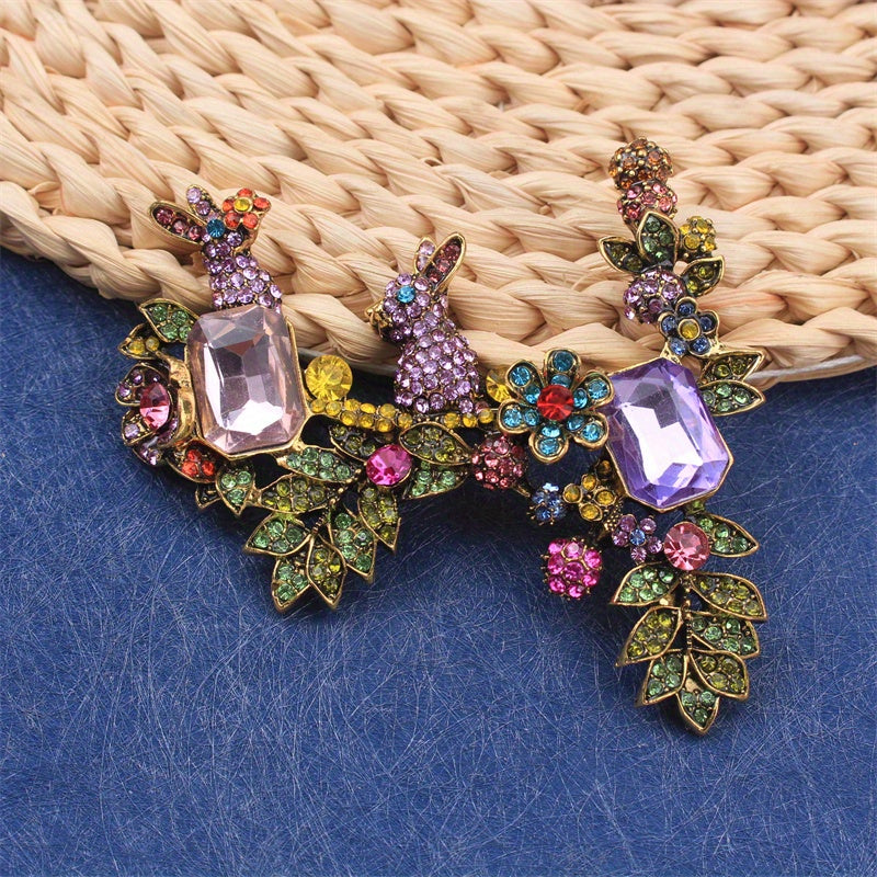 Rhinestone Flower Rabbit Brooch Crystal Pin for Women Fall Winter Gift Stylish Jewelry