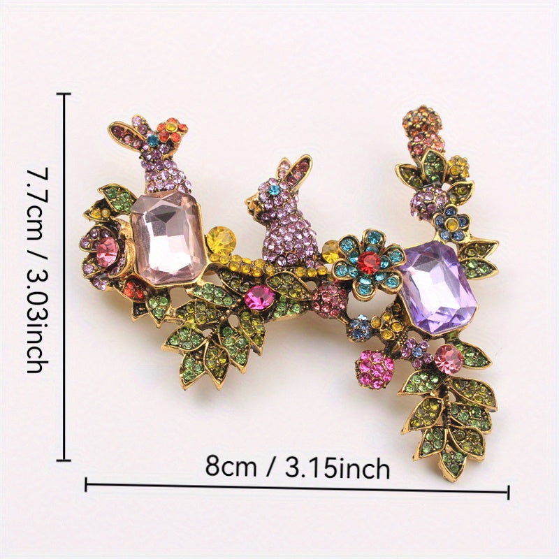 Rhinestone Flower Rabbit Brooch Crystal Pin for Women Fall Winter Gift Stylish Jewelry