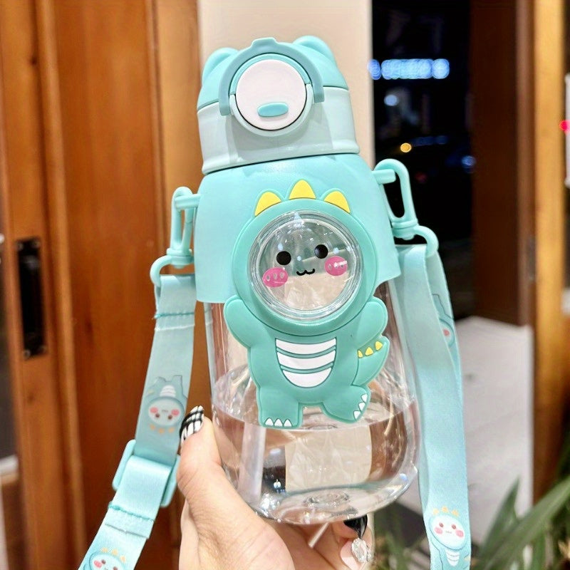 Cute Cartoon Water Bottle with Straw Leak-Proof Flap for Outdoor Travel and Fitness