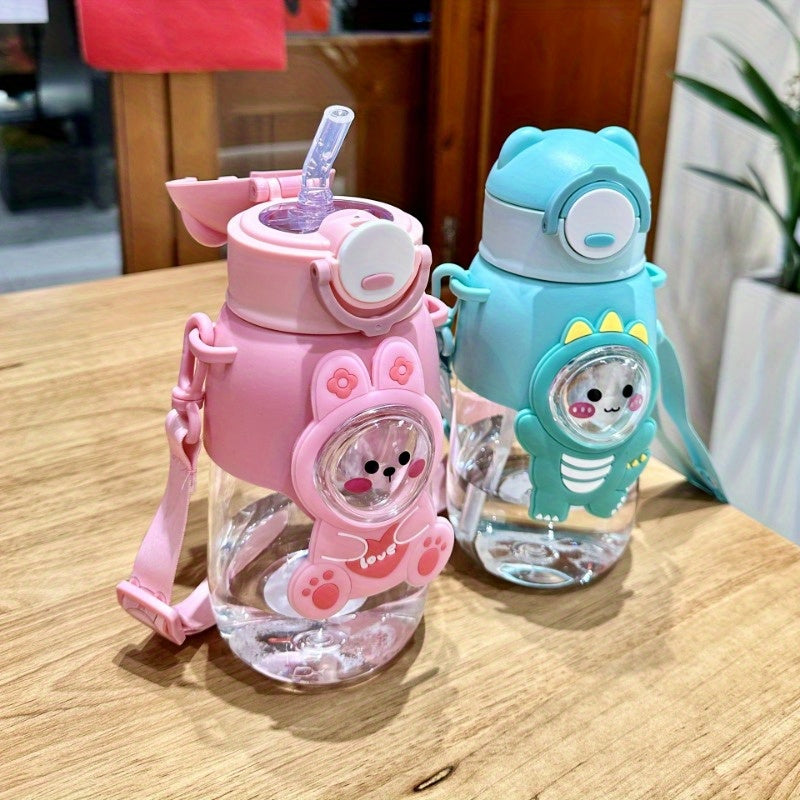 Cute Cartoon Water Bottle with Straw Leak-Proof Flap for Outdoor Travel and Fitness