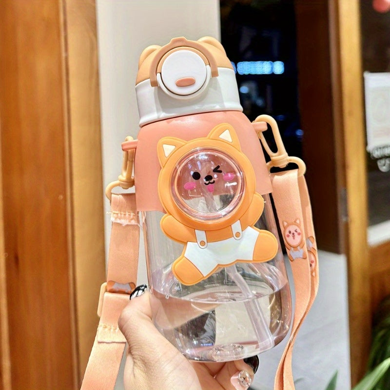 Cute Cartoon Water Bottle with Straw Leak-Proof Flap for Outdoor Travel and Fitness