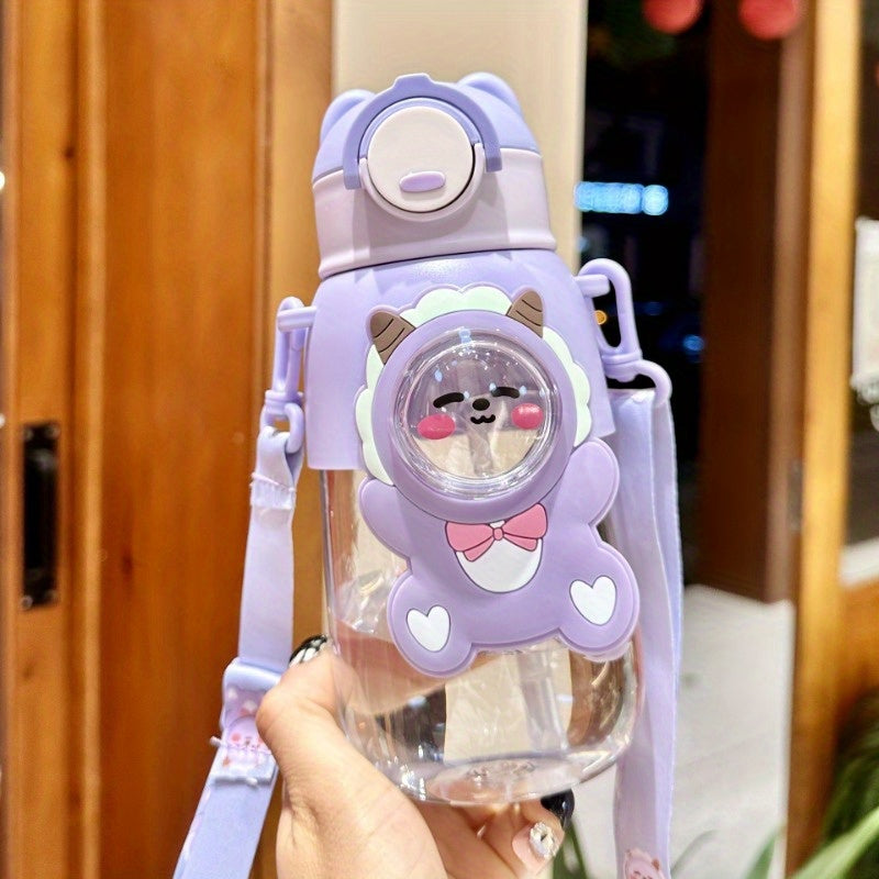 Cute Cartoon Water Bottle with Straw Leak-Proof Flap for Outdoor Travel and Fitness