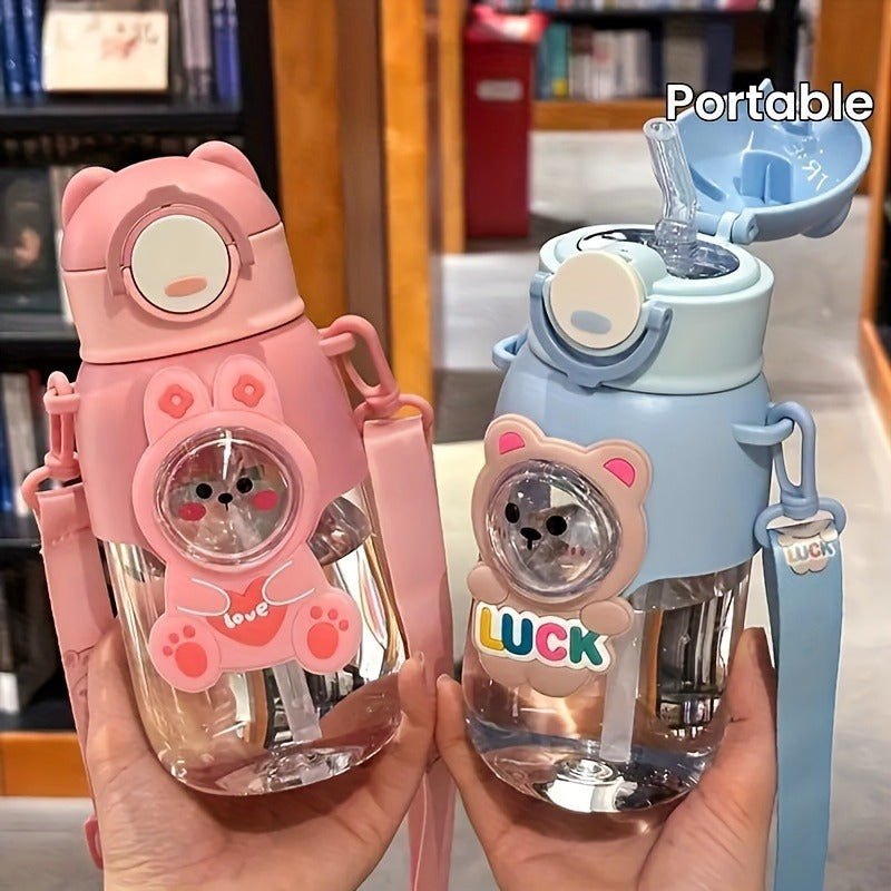 Cute Cartoon Water Bottle with Straw Leak-Proof Flap for Outdoor Travel and Fitness