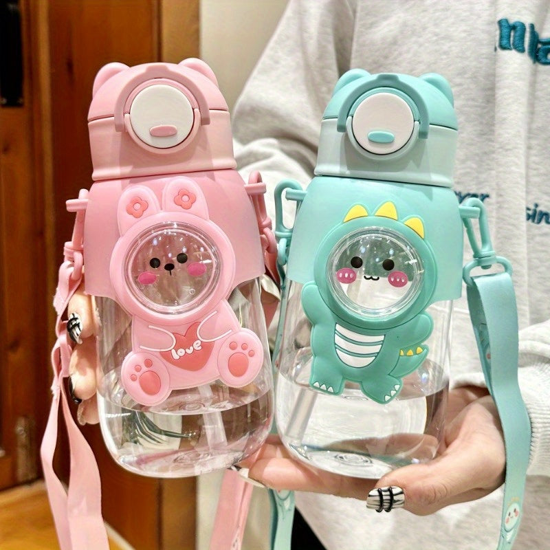 Cute Cartoon Water Bottle with Straw Leak-Proof Flap for Outdoor Travel and Fitness