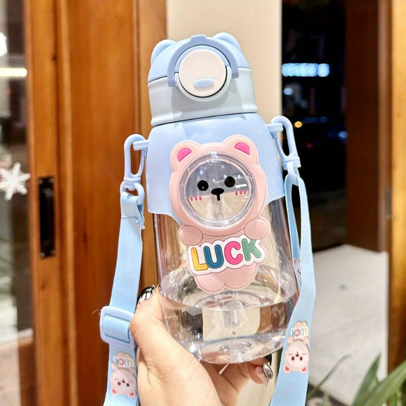 Cute Cartoon Water Bottle with Straw Leak-Proof Flap for Outdoor Travel and Fitness