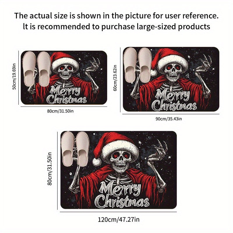 Festive Christmas Skull Doormat Polyester Non-Slip Low Pile Fade Resistant Holiday Entryway Rug