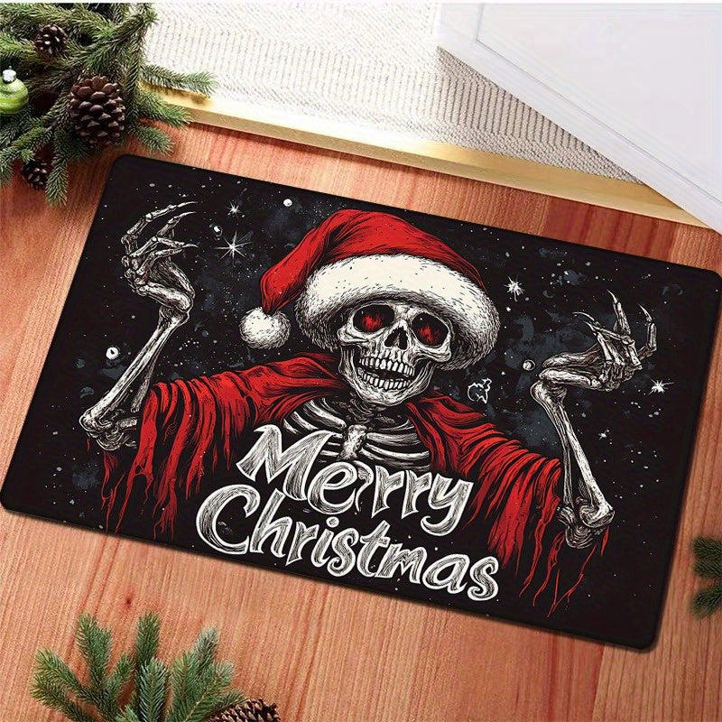 Festive Christmas Skull Doormat Polyester Non-Slip Low Pile Fade Resistant Holiday Entryway Rug