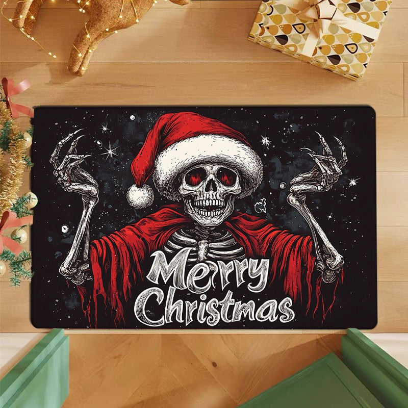 Festive Christmas Skull Doormat Polyester Non-Slip Low Pile Fade Resistant Holiday Entryway Rug