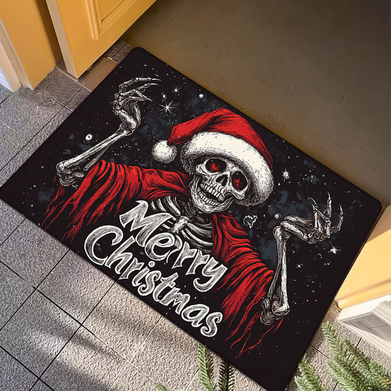 Festive Christmas Skull Doormat Polyester Non-Slip Low Pile Fade Resistant Holiday Entryway Rug
