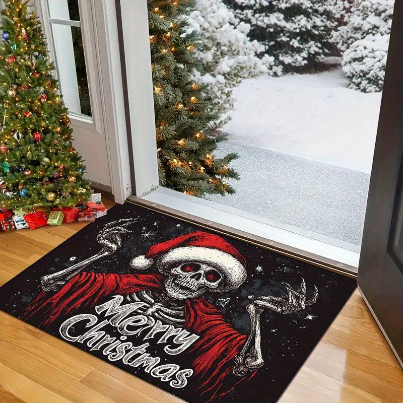 Festive Christmas Skull Doormat Polyester Non-Slip Low Pile Fade Resistant Holiday Entryway Rug