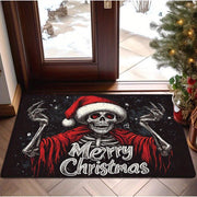Festive Christmas Skull Doormat Polyester Non-Slip Low Pile Fade Resistant Holiday Entryway Rug