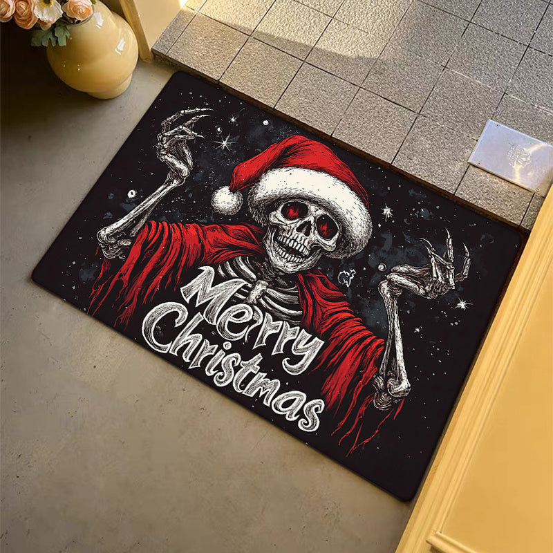 Festive Christmas Skull Doormat Polyester Non-Slip Low Pile Fade Resistant Holiday Entryway Rug