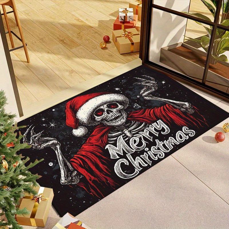 Festive Christmas Skull Doormat Polyester Non-Slip Low Pile Fade Resistant Holiday Entryway Rug