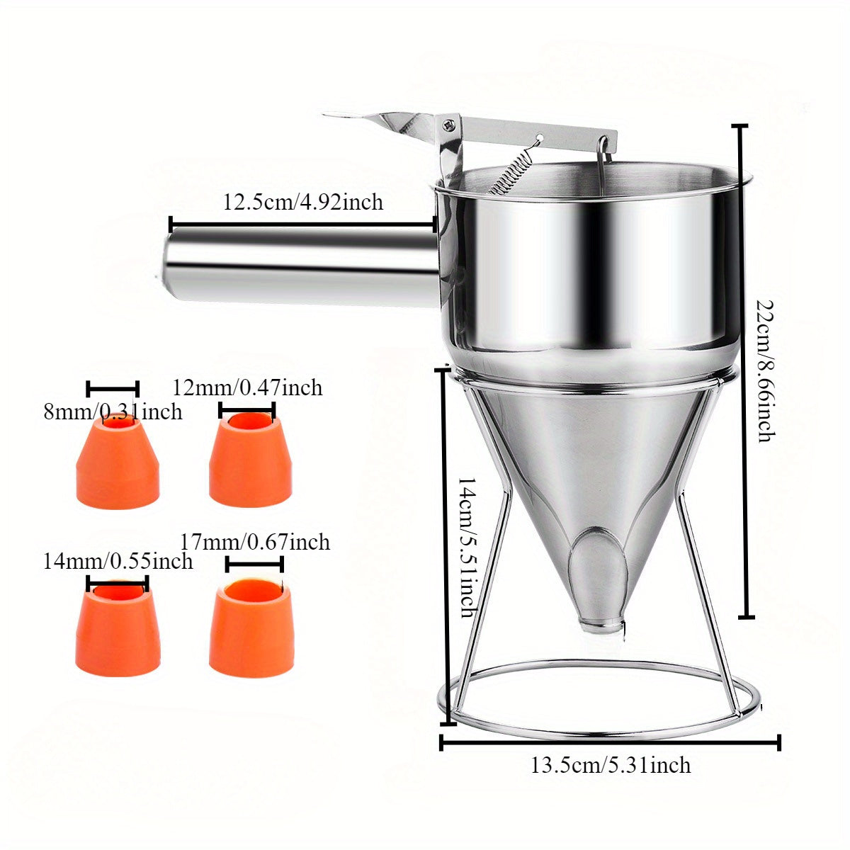 Pancake Batter Dispenser Set with Stand, Stainless Steel Funnel, 3 Nozzle Sizes