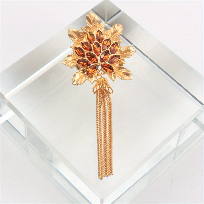 Fashion Brooch Maple Leaf Design with Gold Rhinestones Fringe Accessory