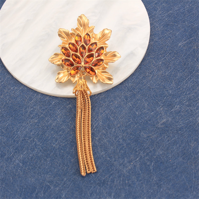 Fashion Brooch Maple Leaf Design with Gold Rhinestones Fringe Accessory