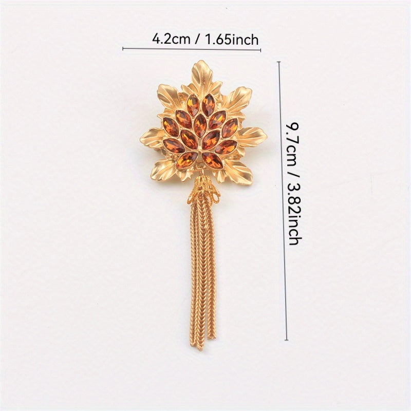 Fashion Brooch Maple Leaf Design with Gold Rhinestones Fringe Accessory