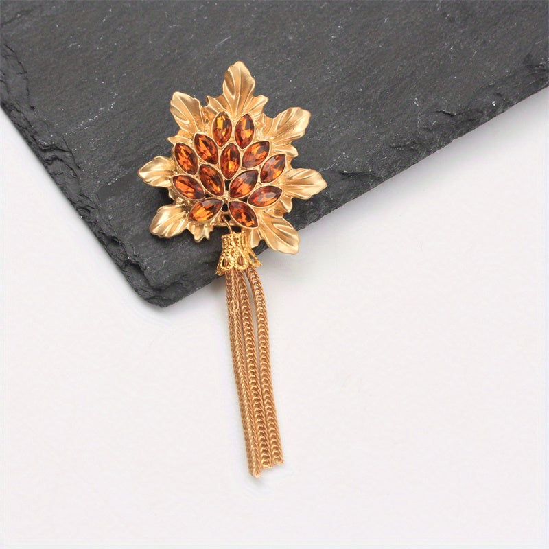Fashion Brooch Maple Leaf Design with Gold Rhinestones Fringe Accessory