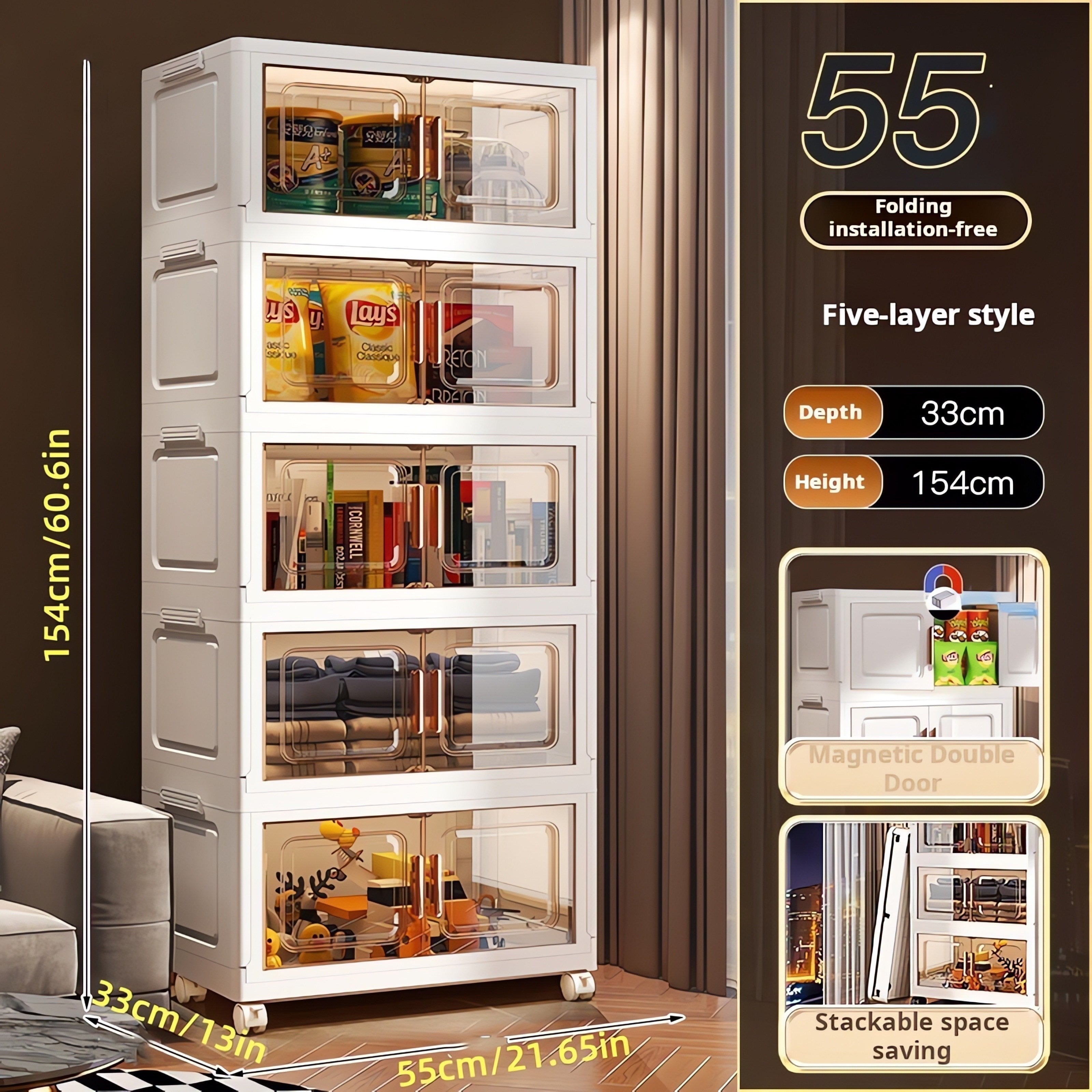 Large Waterproof White Plastic Stackable Storage Bin with Wheels Foldable No Assembly