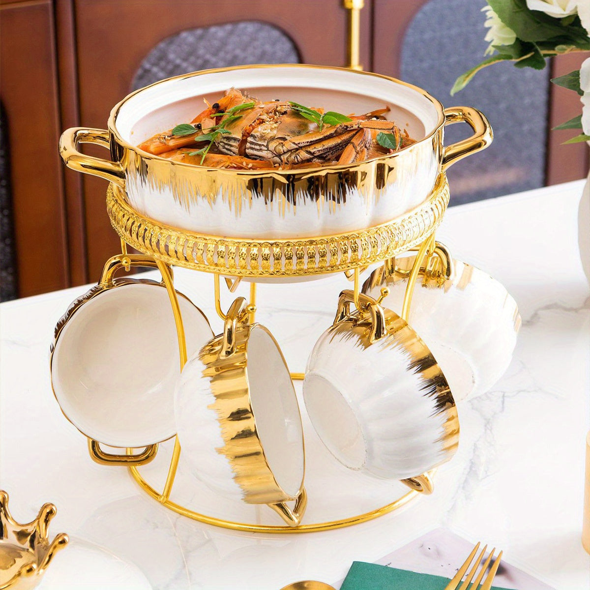 Juego de 9 piezas de olla de cerámica con baño de oro, tapas y cuencos para sopa