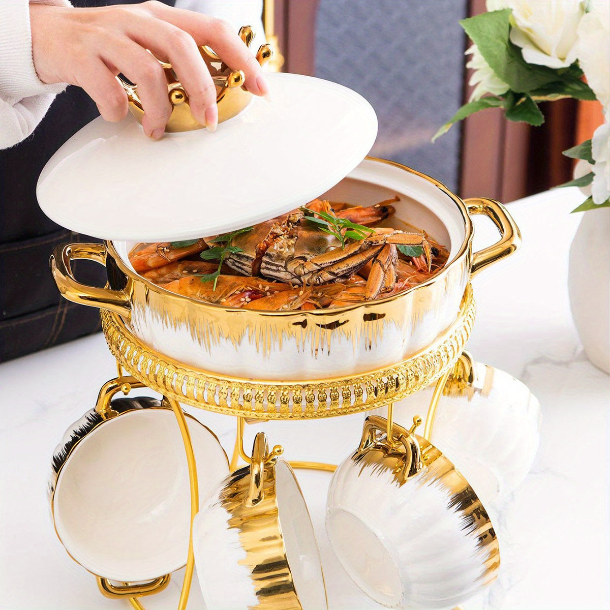 9-Piece Gold-Plated Ceramic Stockpot Set with Lids and Soup Bowls
