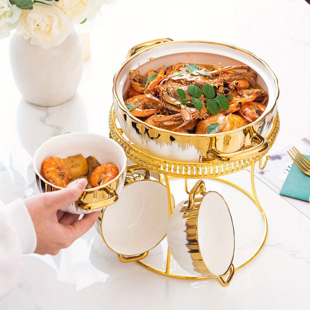 Juego de 9 piezas de olla de cerámica con baño de oro, tapas y cuencos para sopa