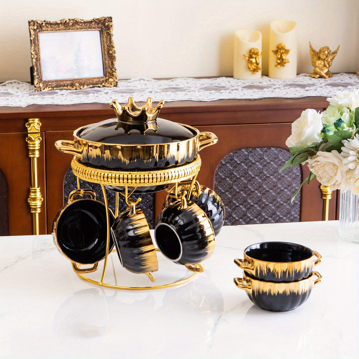 Juego de 9 piezas de olla de cerámica con baño de oro, tapas y cuencos para sopa