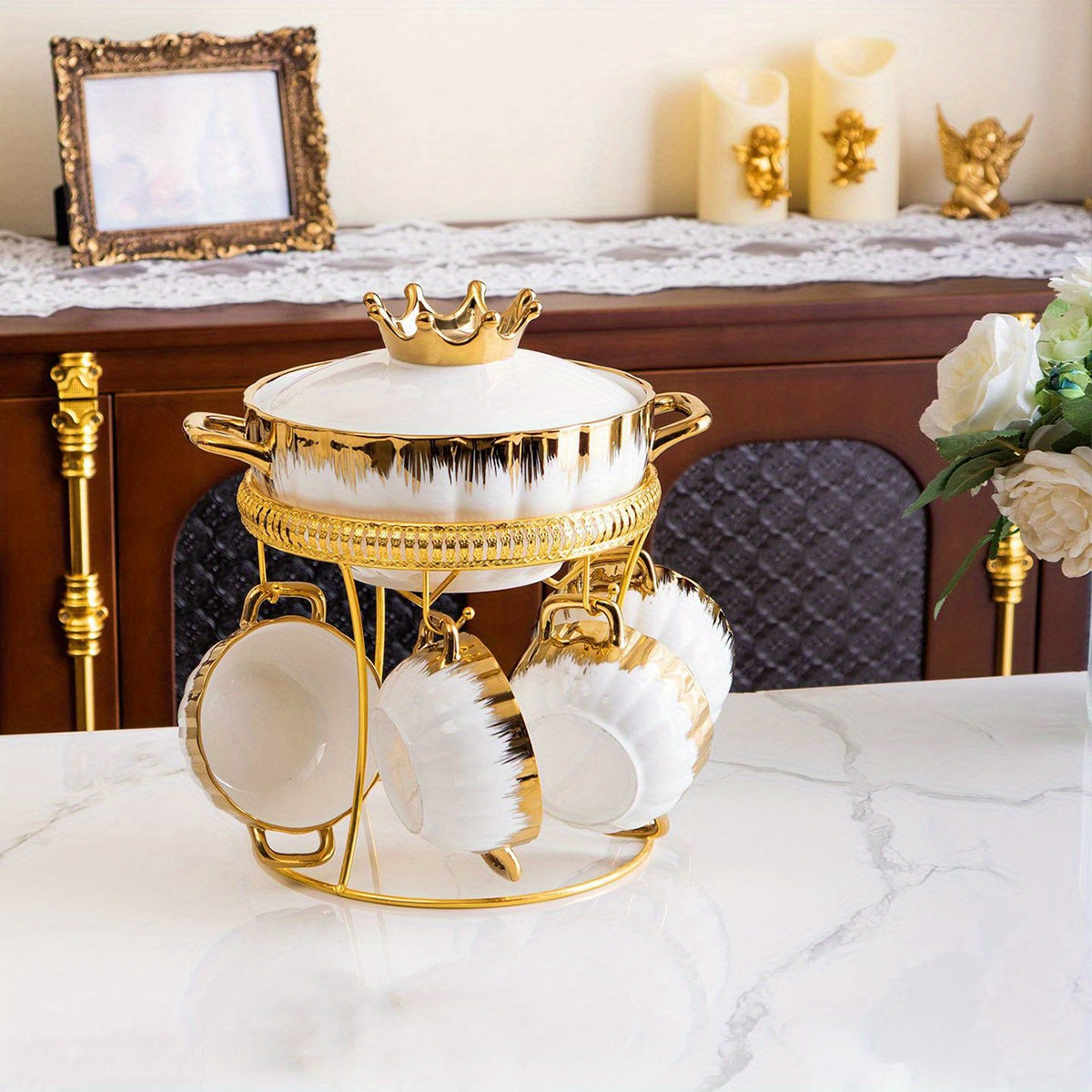 9-Piece Gold-Plated Ceramic Stockpot Set with Lids and Soup Bowls