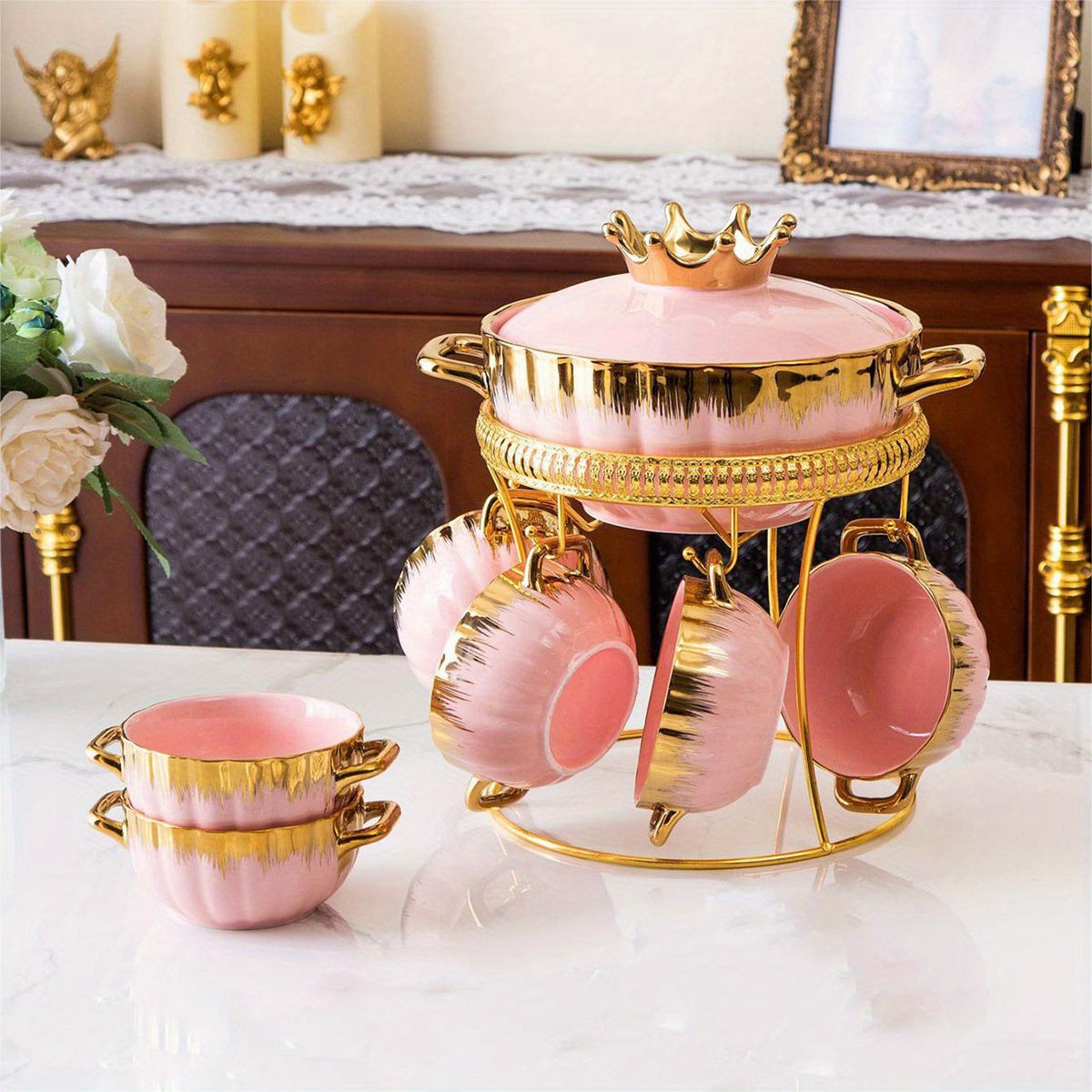 Juego de 9 piezas de olla de cerámica con baño de oro, tapas y cuencos para sopa