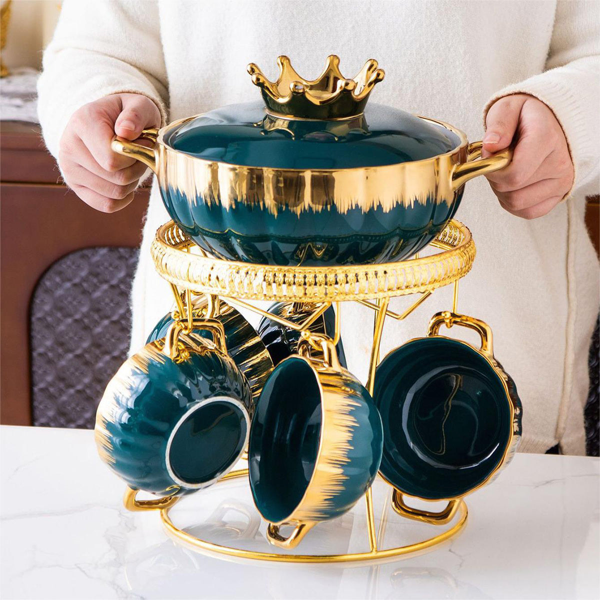 Juego de 9 piezas de olla de cerámica con baño de oro, tapas y cuencos para sopa