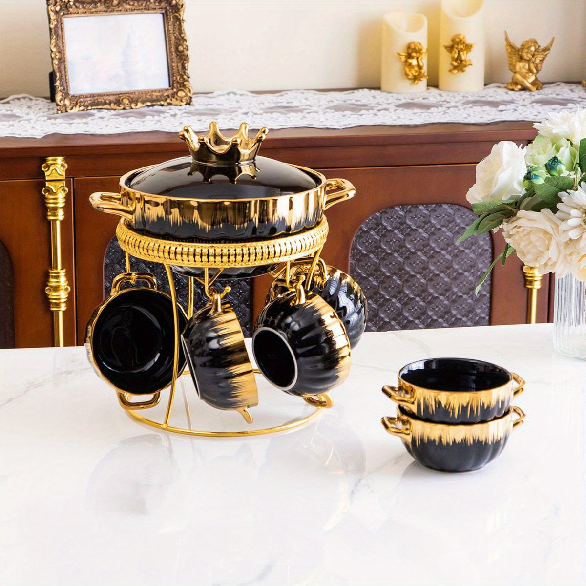 Juego de 9 piezas de olla de cerámica con baño de oro, tapas y cuencos para sopa