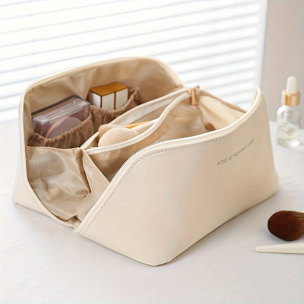 Travel Makeup Bag with Dividers and Handle Beige PU Multi-Compartment Organizer for Women